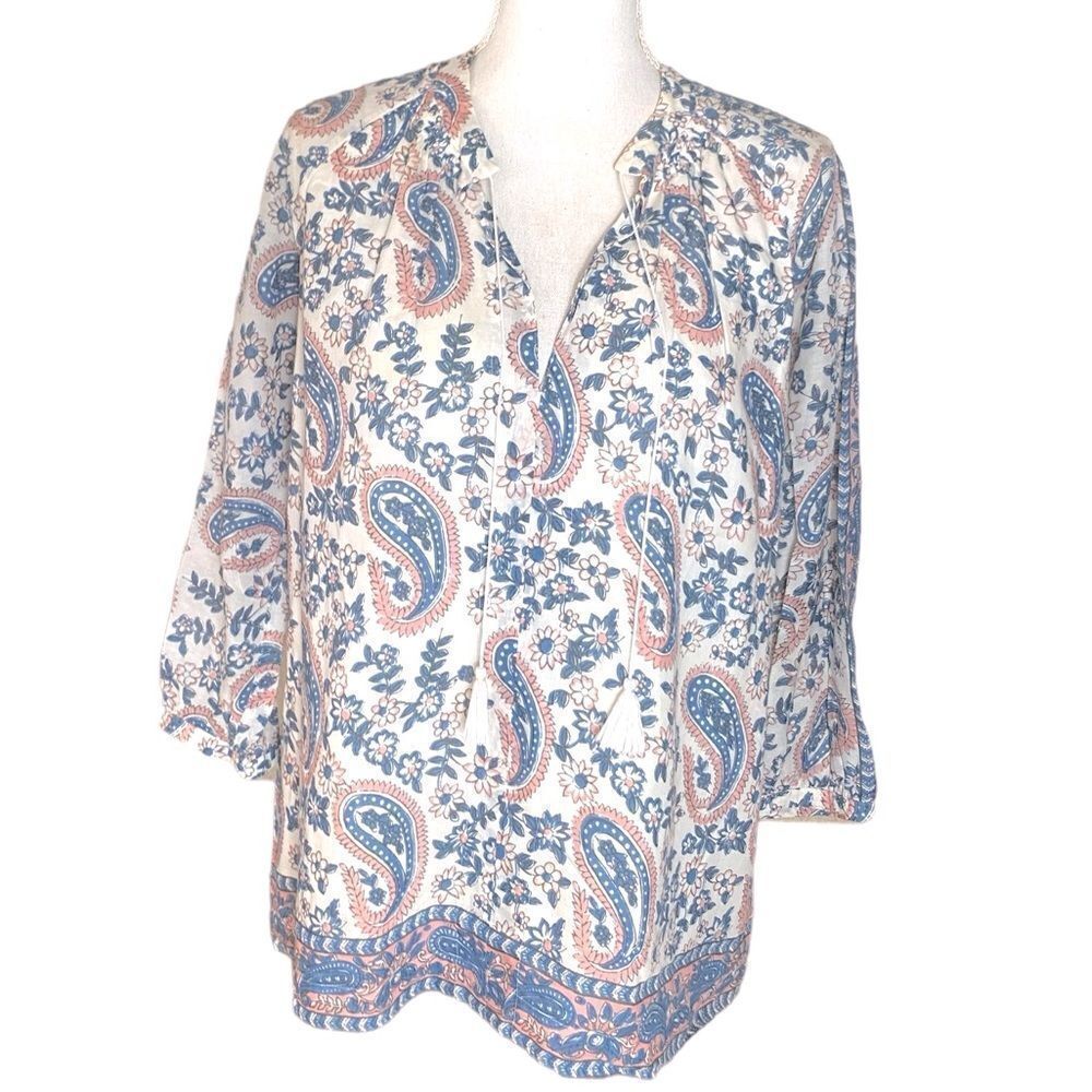 Madewell Wm’s Sz Med White Blue Camelia Tassel Floral Paisley Silk Cotton Blouse